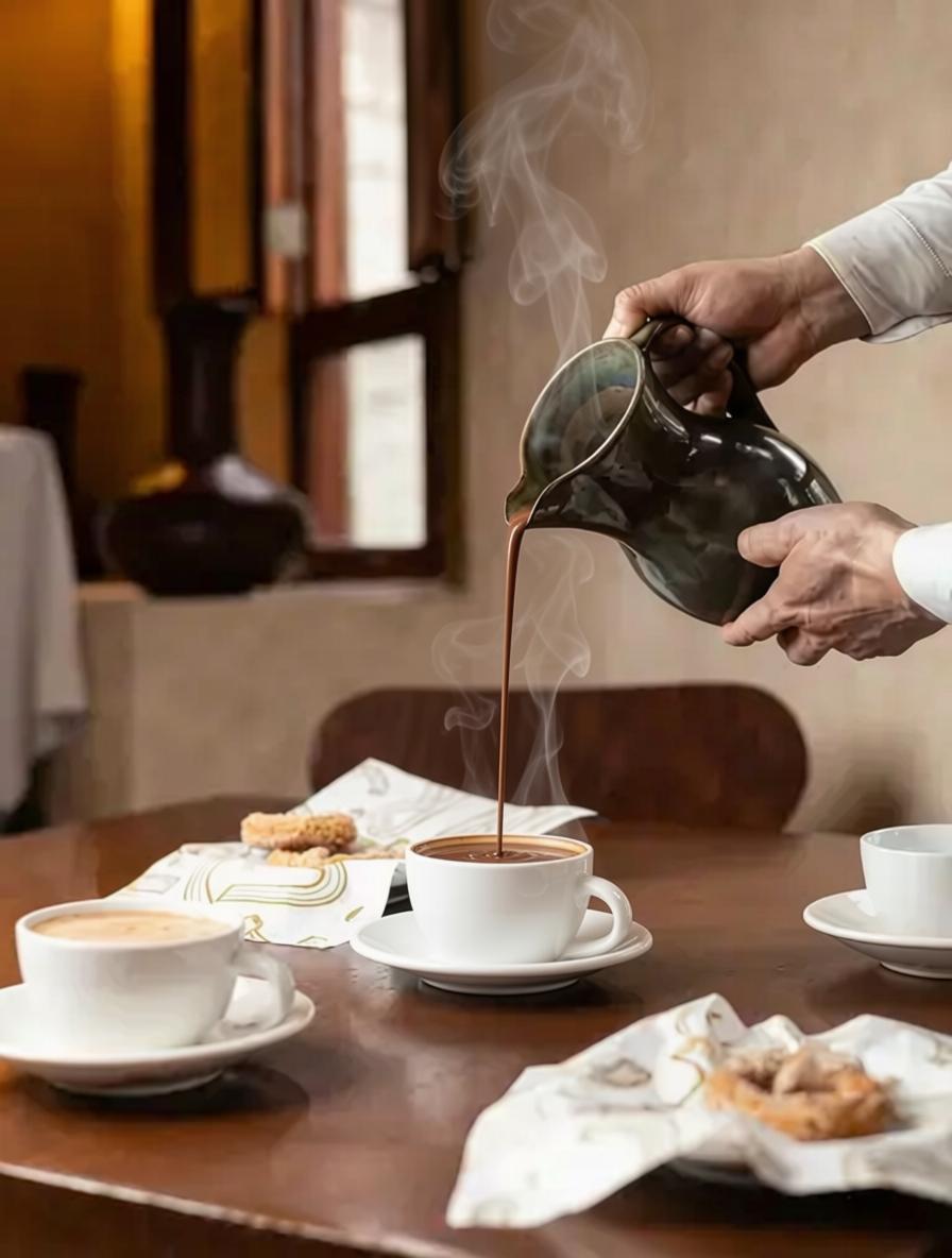Chocolate caliente sirviéndose en una taza de barro sobre una mesa de madera, acompañado de churros.